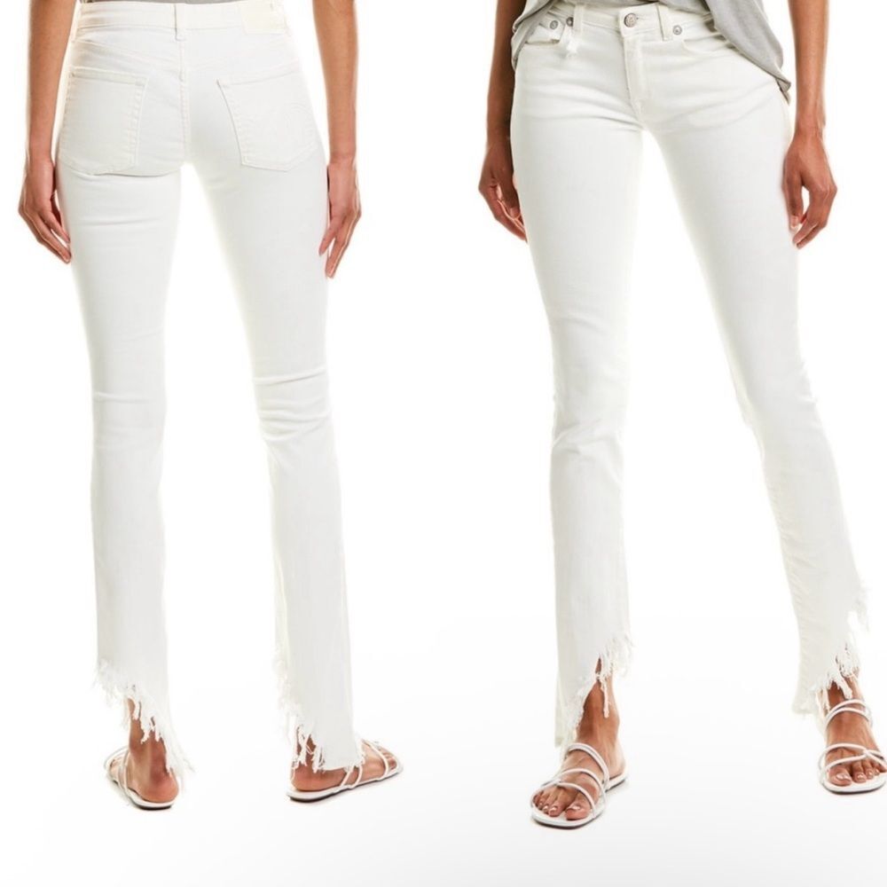 R13 Kate Angled Jeans 24 White Low Rise Skinny Slim Frayed Hem Diagonal Designer